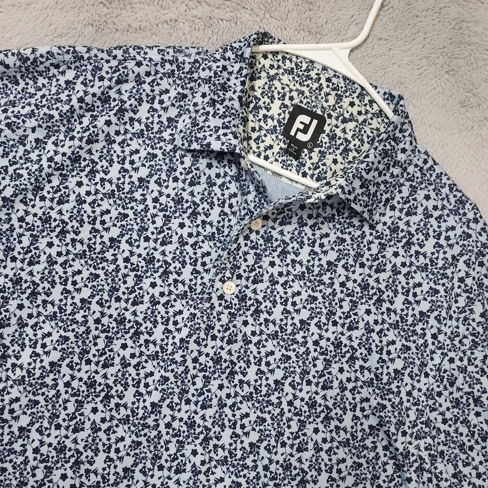FootJoy Polo Shirt Mens Large Floral Performance Golf Short Sleeve Blue Jersey L